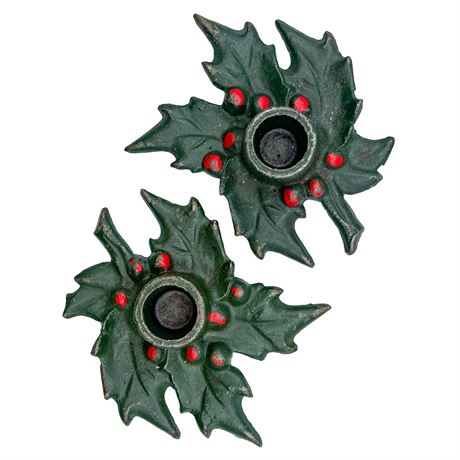 Pair of Antique 1920s Cast Iron Hand-Painted Holly-Shaped Candle Holders