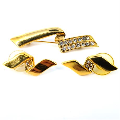 Vintage Ribbon Pin and Earring Set with Rhinestone Detail