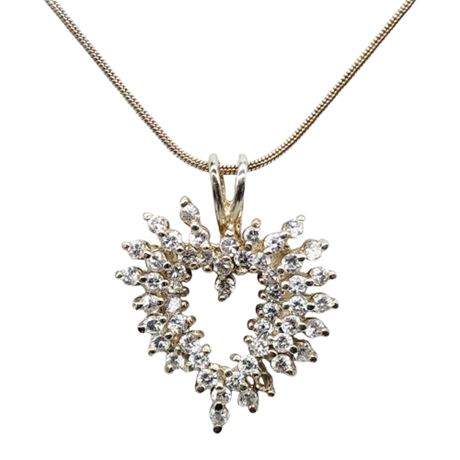 Signed Sterling Silver Multi-Stone CZ Heart Pendant Necklace