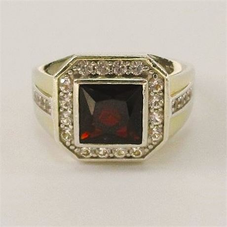 Men's Deep Red Garnet & White Sapphire 925 Vermeil Ring Sz 9.75