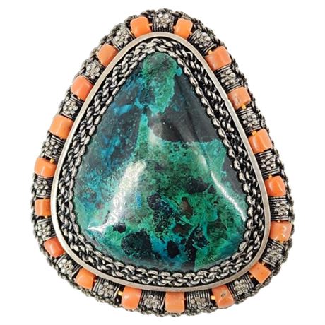 Vintage Sterling Silver Chrysocolla & Coral Brooch/Pendant