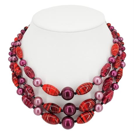 Vintage JAPAN 3-Strand Plum Faux Pearl & Swirled Art Glass Beaded Necklace