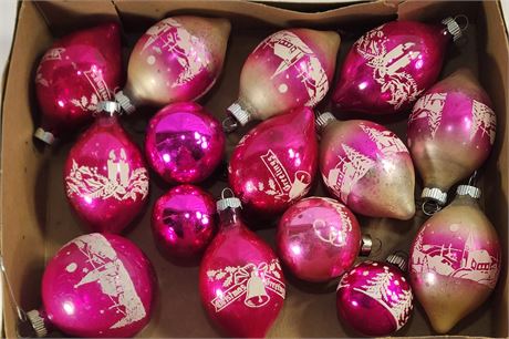 Box lot of VTG Glass Shiny Brite Ornaments All Hot Pink