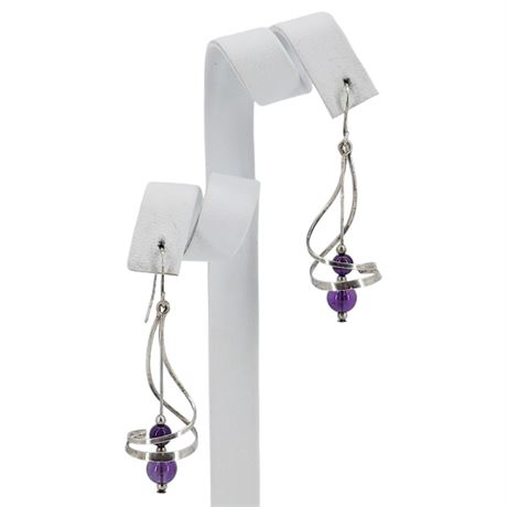 Vtg Artisan Made Sterling Silver Amethyst Bead Spiral Earrings