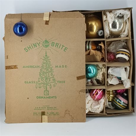Vintage Christmas Ornaments in Shiny Brite Box
