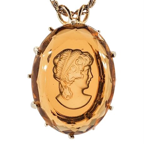 Vtg Heavy Amber Glass Intaglio Cameo Pendant Necklace