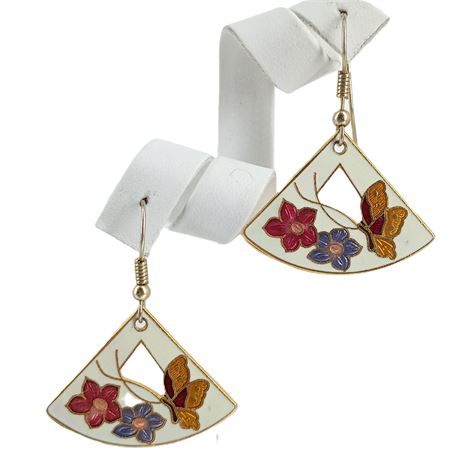 Enamel Fan Earrings with Butterfly and Flowers