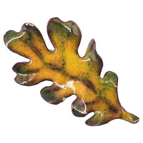 Vintage Handmade Enamel on Copper Oak Leaf Brooch