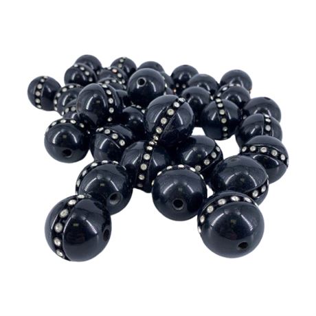 Black Bakelite Round Rhinestone Bead Lot of 36