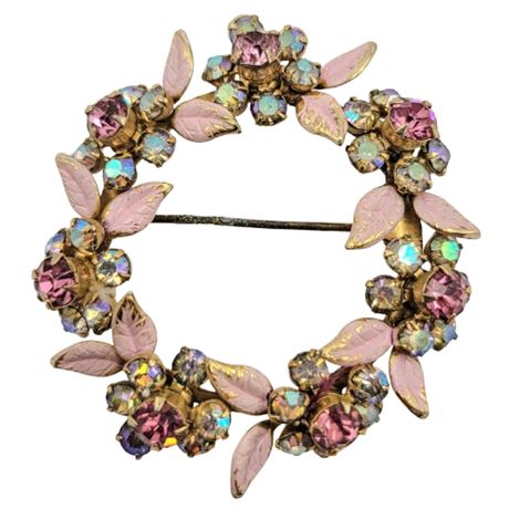 Vintage Pink Rhinestone Wreath Brooch