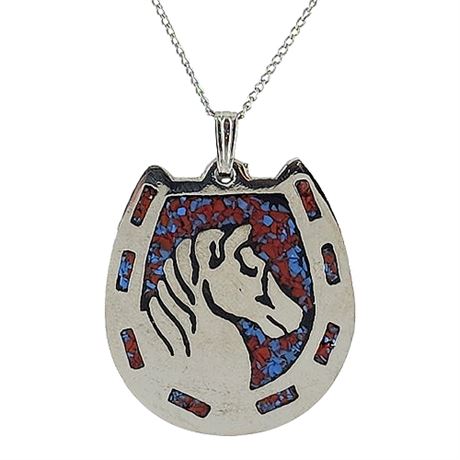 Signed Vintage 70s PSC  Inlaid Horse & Horseshoe Pendant Necklace