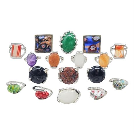 Wholesale Lot Silver Tone Gemstone & Art Glass Rings