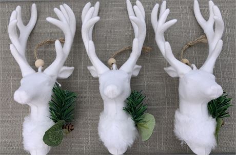 Trio of 7” White Flocked Reindeer Holiday Ornaments