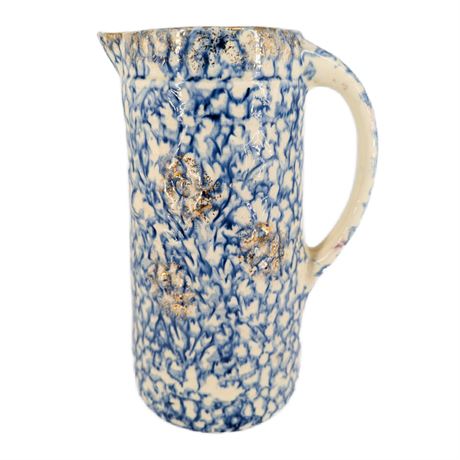Early Roseville Wild Rose Jug Pitcher Blue Speckles Gold Flowers Painting Edge