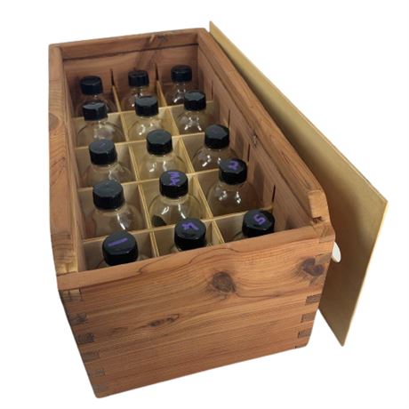 Wooden Box with Glass Bottle Lot