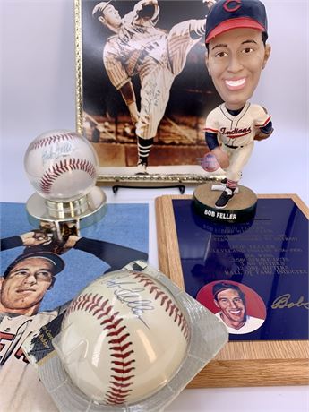 6 pc Cleveland Indians Bob Feller Autograph Baseball, Photo Lot