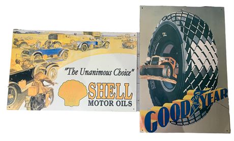 2 Metal Advertising Signs: Shell & Goodyear