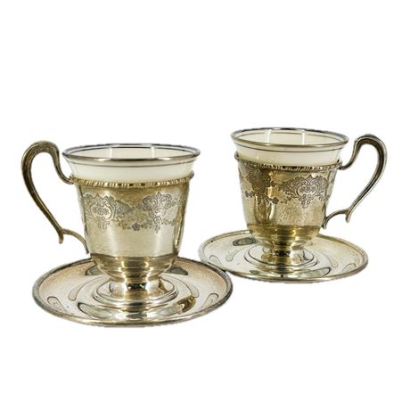Pair of Vintage Lenox Sterling Silver Demitasse Cups w Saucers
