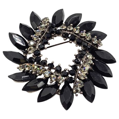Vintage Inspired Black & Clear Rhinestone Brooch