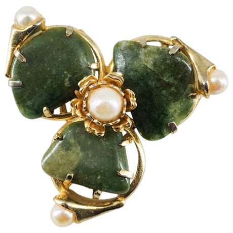 Vintage Connemara Marble & Genuine Pearl Brooch