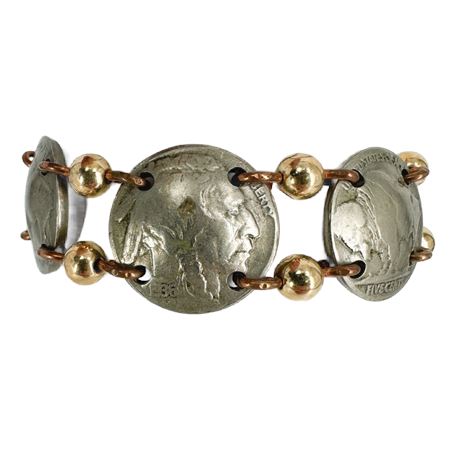Vintage Artist Made Buffalo Nickel Bracelet Signed DT