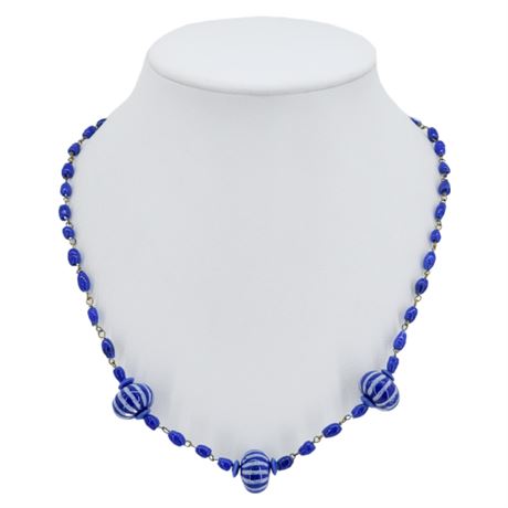 Vtg Czech Blue Striped Art Glass Bead Necklace