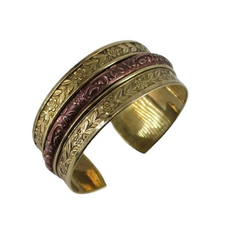 Decorative BOHO Cuff Bracelet ~ Embossed Mix Metal Floral Leaf Design