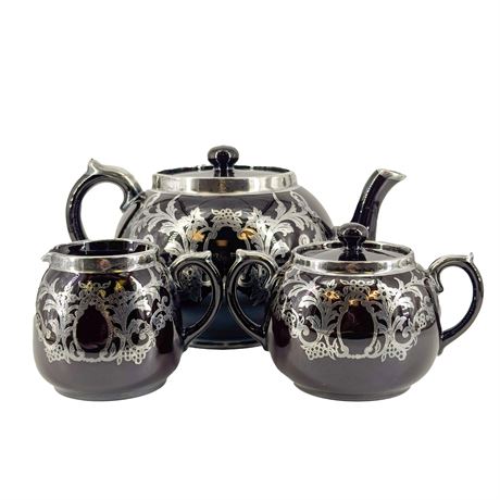 Vintage Gibson's England Silver-Inlaid Ceramic Tea Set