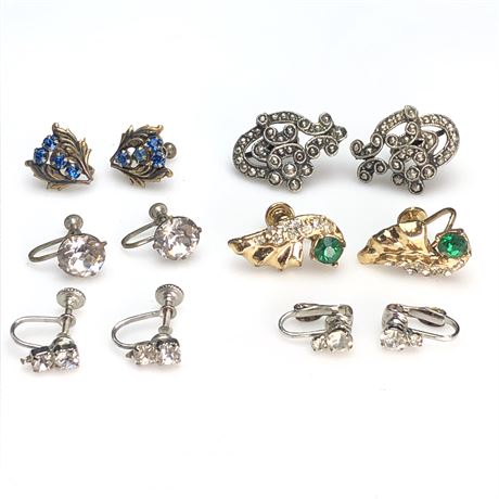Vintage Old Silver Marcasite, Blue & Green Rhinestone Earrings