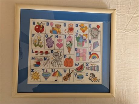 Adorable Framed Handsewn Cross Stitch A-Z Sampler Matted 18.25" x 16.25"