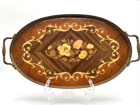 Beautiful Wood Inlay Tray with Brass Handles