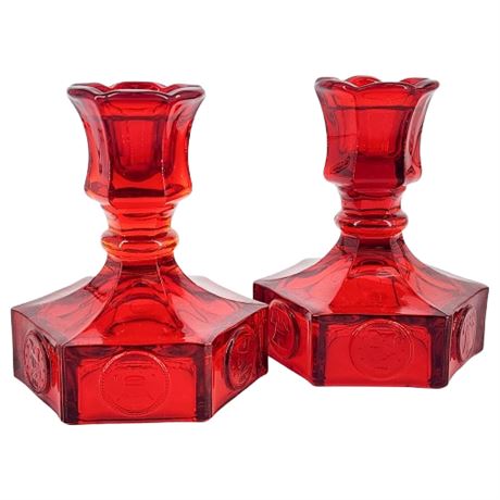 Vintage Fostoria "Coin Ruby" UV Reactive Amberina Candlesticks
