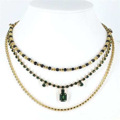 Vintage Emerald Rhinestones, Clear Rhinestones, Gold-Tone Necklaces