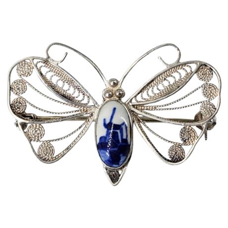 Vintage Silver Filigree Butterfly Delft Porcelain Brooch
