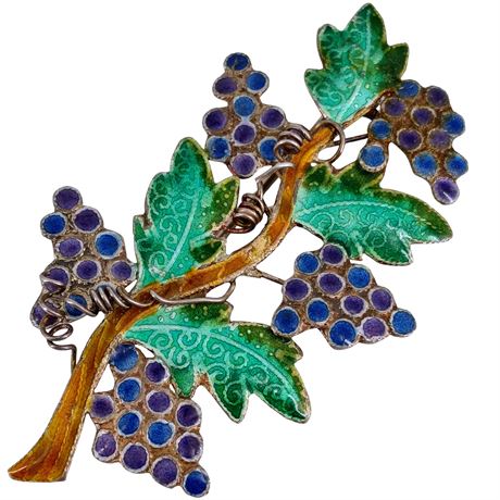 Vintage Enamel Grape & Vine Brooch / Pin