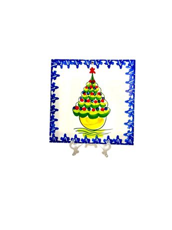 Vtg Italian Terracotta Handpainted Christmas Tree Trivet Tile