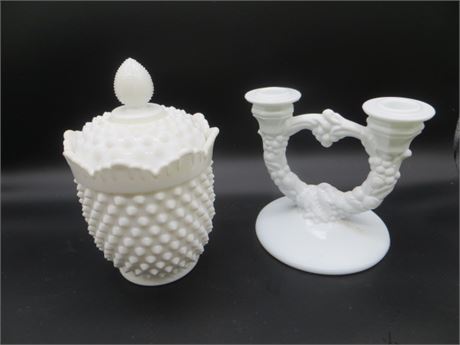 Fenton Hobnail Covered Bowl & Double Candlestick