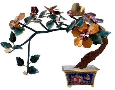 Mid Century Cloisonné Decorative Carved Jade & Enamel Bonsai Tree