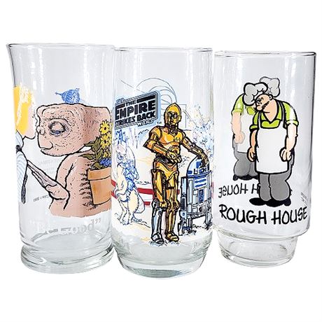 1982 ET, 1980 Empire Strikes Back, & 1975 Rough House Collector Glasses