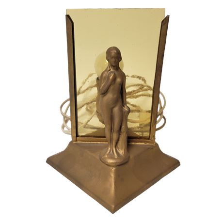 1940s Brass Woman Glass Panel Table Lamp