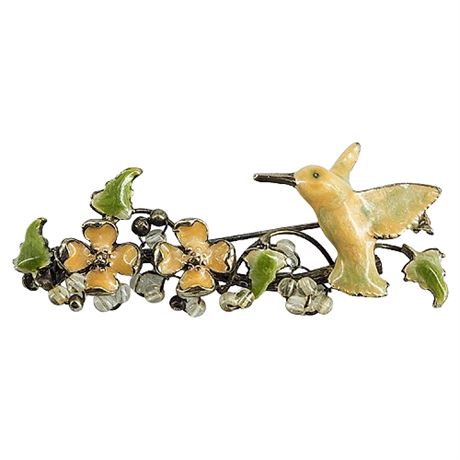 Vintage Enamel Hummingbird & Blossoms Brooch