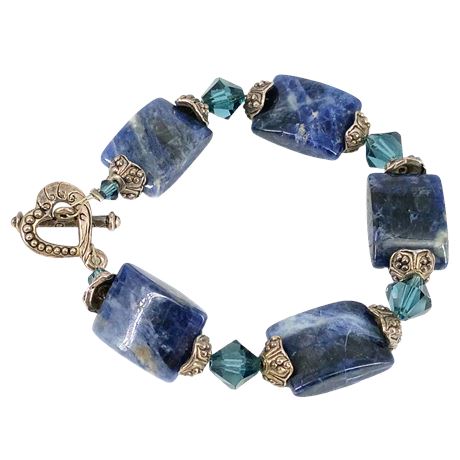 Blue Sodalite & Crystal Bead Bracelet with Sterling Heart Toggle Clasp