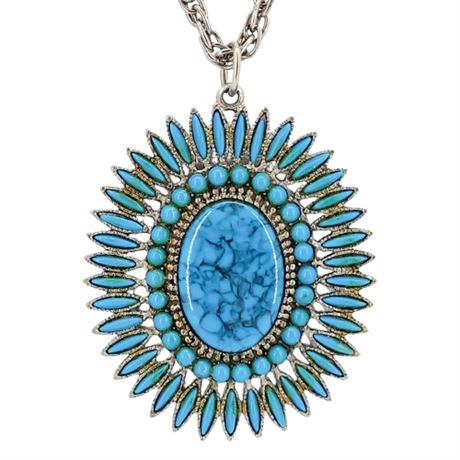 Vintage Zuni Style Faux Turquoise Petit Point Pendant Necklace