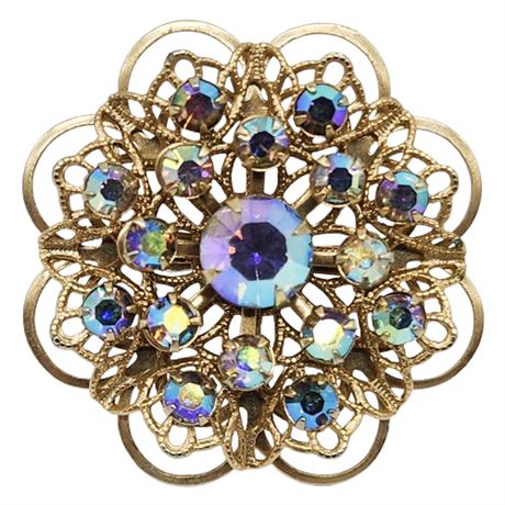 Vintage Aurora Borealis Rhinestone Filigree Flower Brooch