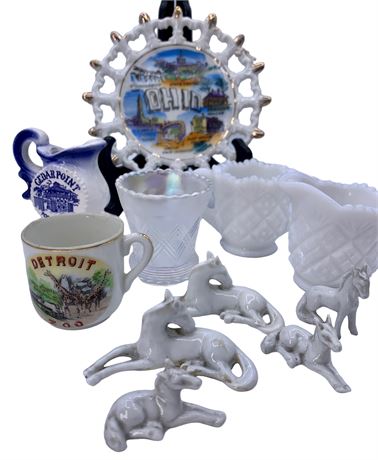 11 pc Souvenir & Miniature Lot: Imperial White Carnival, Porcelain Horses