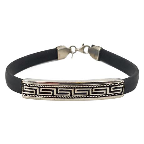 Vintage Sterling Silver & Black Rubber Greek Key Bracelet