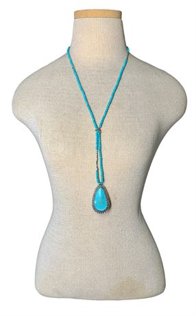Fantastic Created Turquoise & Cut Steel Bead Lavaliere Necklace