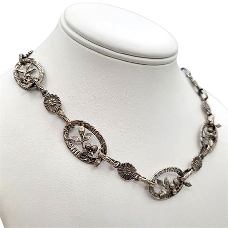 Vintage Silver Tone Floral Link Necklace