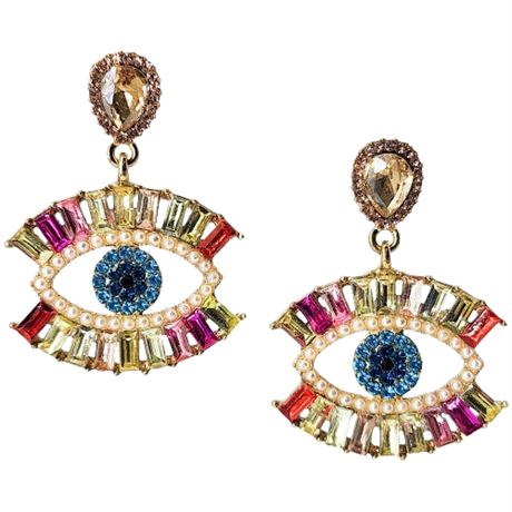 Multicolored Rhinestone Evil Eye Earrings
