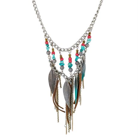 Claire’s Layered Boho Statement Necklace — Feather Fringe, Multicolor Beads